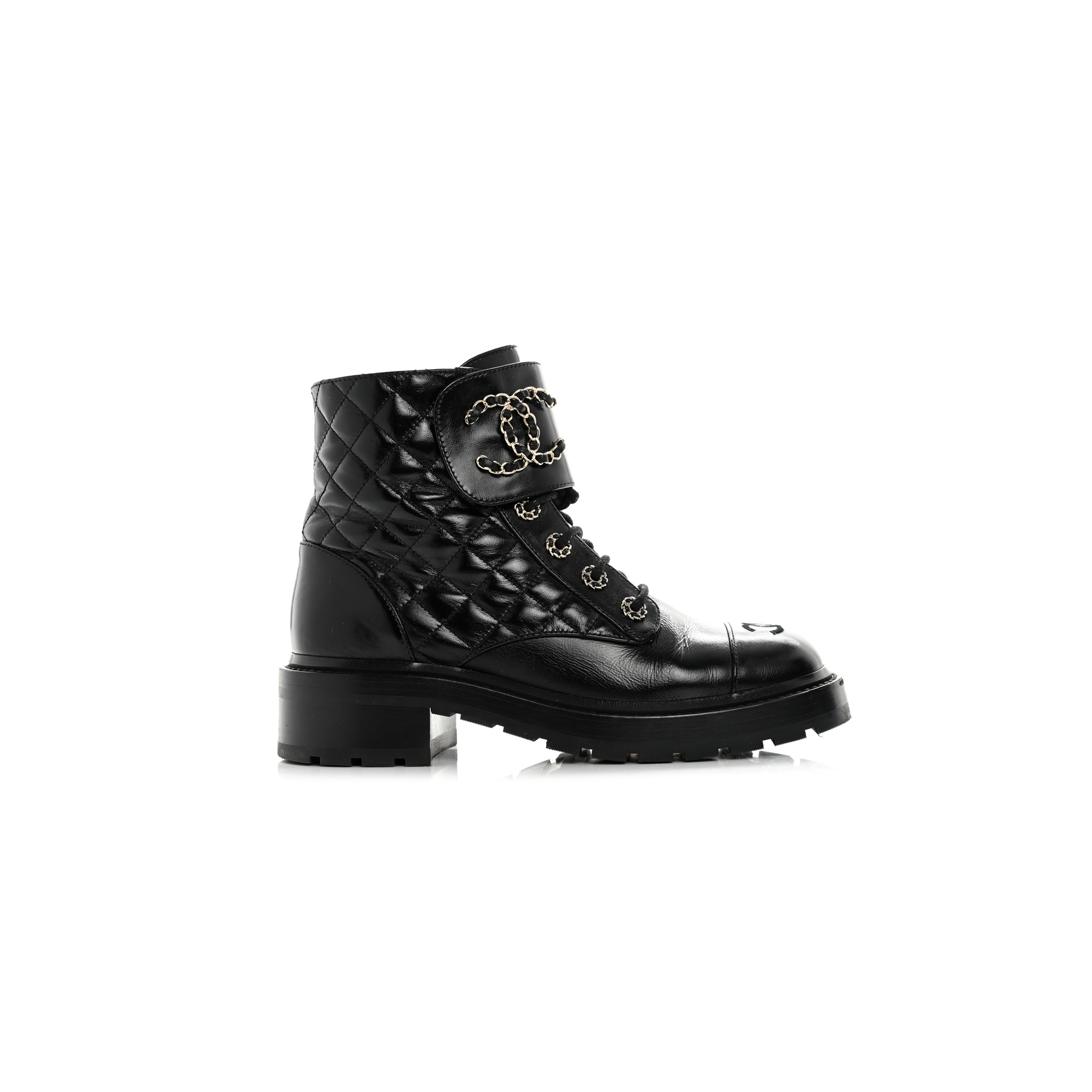 CHANEL SHINY CALFSKIN QUILTED LACE UP COMBAT BOOTS 